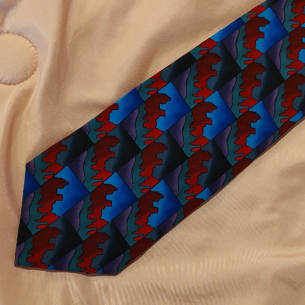 J. Garcia Silk Abstract Tie in Blue, Red, and Purple 4" Made in USA.